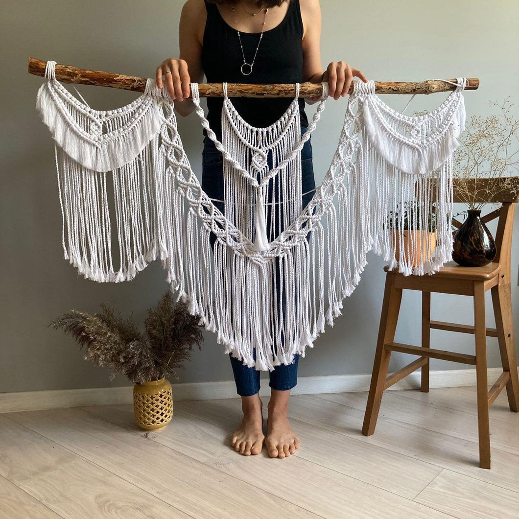 Bedroom Decor, Macrame wall hanging with tassels, Bohemian Wall decor, White Macrame mural, Bedroom wall decor, modern macrame wall decor