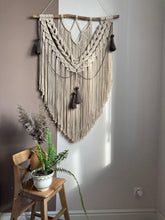 Load image into Gallery viewer, Macrame Wall Hanging with tassels, Large Macrame Backdrop, Macrame headboard, Over the Bed Decor, wall tapestry, fiber art, boho wall decor
