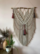 Load image into Gallery viewer, Macrame Wall Hanging with tassels, Large Macrame Backdrop, Macrame headboard, Over the Bed Decor, wall tapestry, fiber art, boho wall decor
